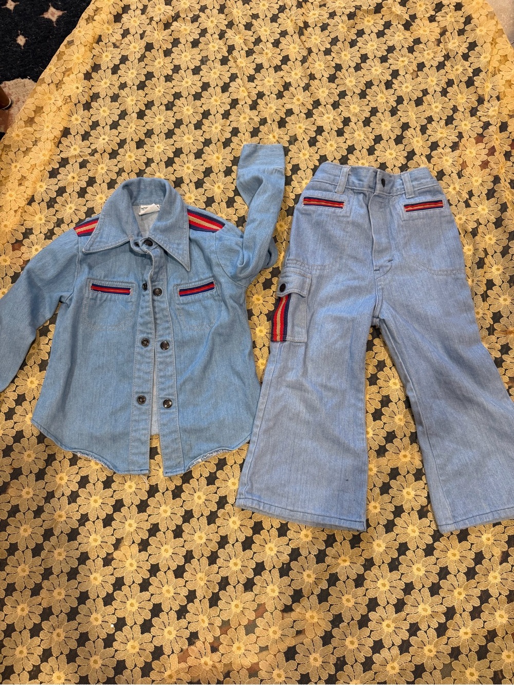 1970s Light Wash Denim Two-Piece Set with Red & Navy Stripe Accents